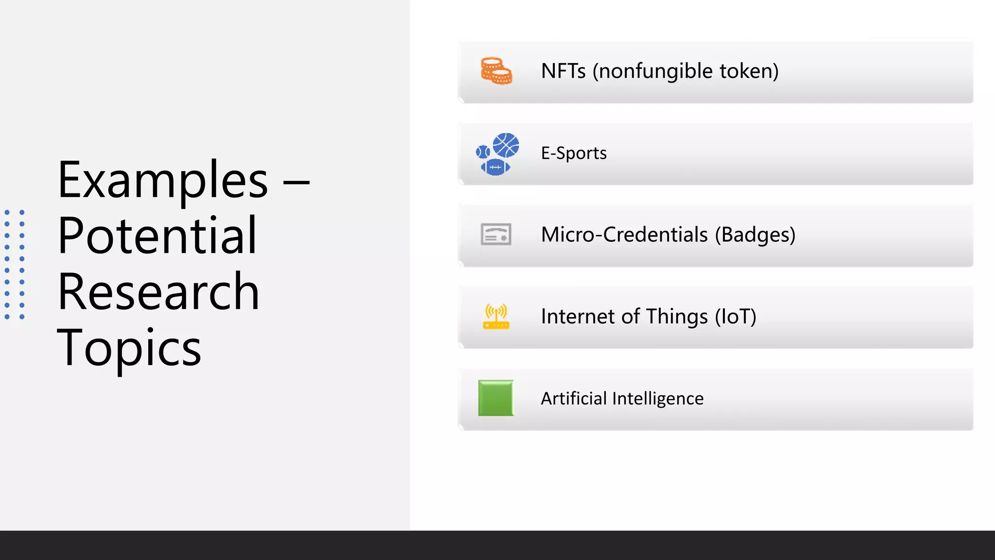 Examples –
Potential
Research
Topics
NFTs (nonfungible token)
E-Sports
Micro-Credentials (Badges)
Internet of Things (IoT)
Artificial Intelligence
 