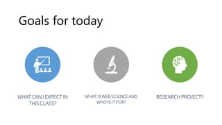 Goals for today
WHATCAN I EXPECT IN
THISCLASS?
WHAT ISWEBSCIENCEAND
WHO IS IT FOR?
RESEARCH PROJECT?
 