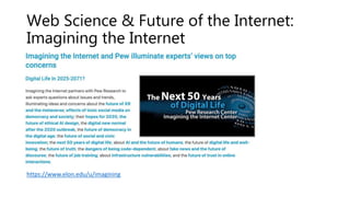 Web Science & Future of the Internet:
Imagining the Internet
https://www.elon.edu/u/imagining
 