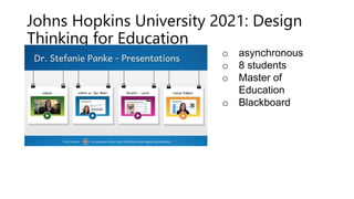 Johns Hopkins University 2021: Design
Thinking for Education
o asynchronous
o 8 students
o Master of
Education
o Blackboard
 