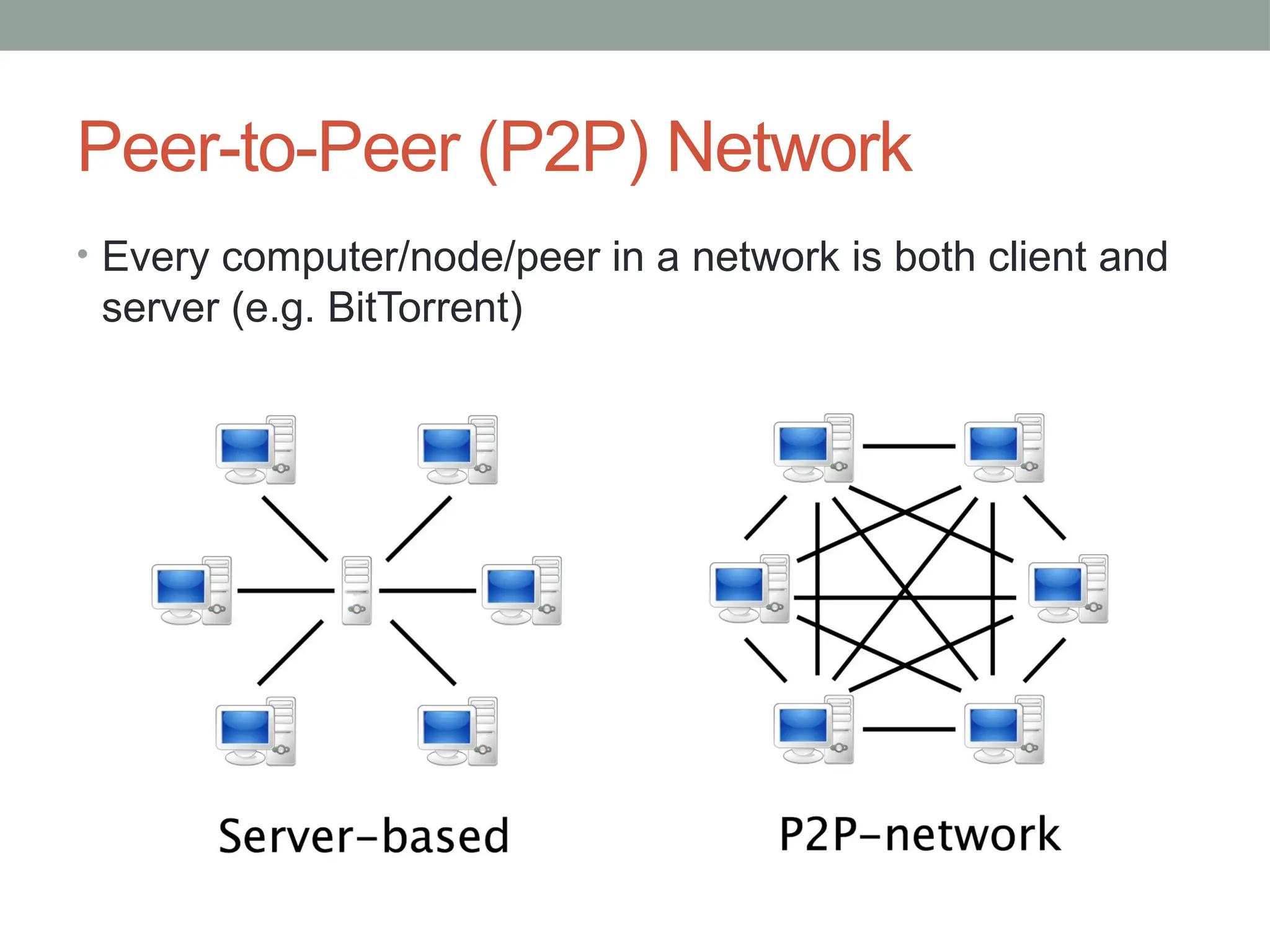 Peer-to-Peer (P2P) Network
• Every computer/node/peer in a network is both client and
server (e.g. BitTorrent)
 