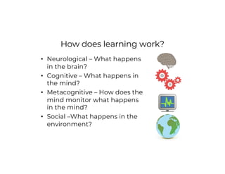 How does learning work?
• Neurological – What happens
in the brain?
• Cognitive – What happens in
the mind?
• Metacognitive – How does the
mind monitor what happens
in the mind?
• Social –What happens in the
environment?
 