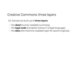 Creative Commons: three layers
CC licenses are built up of three layers:
• the deed (human readable summary).
• the legal code (complete license in a legal language).
• the data (the machine-readable layer for search engines).
Creative Commons for Cultural Heritage
CC BY-SA
 