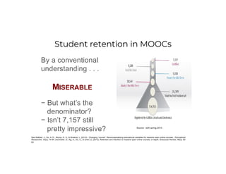 By a conventional
understanding . . .
See DeBoer, J., Ho, A. D., Stump, G. S., & Breslow, L. (2014). Changing “course”: Reconceptualizing educational variables for massive open online courses. Educational
Researcher, 43(2), 74-84; and Koller, D., Ng, A., Do, C., & Chen, Z. (2013). Retention and intention in massive open online courses: In depth. Educause Review, 48(3), 62-
63.
− But what’s the
denominator?
− Isn’t 7,157 still
pretty impressive?
MISERABLE
Source: edX spring 2013
Student retention in MOOCs
 
