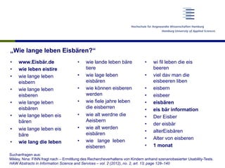 „Wie lange leben Eisbären?“
•  www.Eisbär.de
•  wie leben eistire
•  wie lange leben
eisbern
•  wie lange leben
eisberen
•  wie lange leben
eisbären
•  wie lange leben eis
bären
•  wie lange leben eis
bäre
•  wie lang die leben
•  wie lande leben bäre
tiere
•  wie lage leben
eisbären
•  wie können eisberen
werden
•  wie fiele jahre leben
die eisberren
•  wie alt werdne die
Aeisbern
•  wie alt werden
eisbären
•  wie lange leben
eisberen
•  wi fil leben die eis
beeren
•  viel dav man die
eisbeeren liben
•  eisbern
•  eisbeer
•  eisbären
•  eis bär information
•  Der Eisber
•  der eisbär
•  alterEisbären
•  Alter von eisberen
•  1 monat
Suchanfragen aus:
Mikley, Nina: FINN fragt nach – Ermittlung des Rechercheverhaltens von Kindern anhand szenariobasierter Usability-Tests.
HAW Abstracts in Information Science and Services – vol. 2 (2012), no. 2, art. 13; page 128–140
 