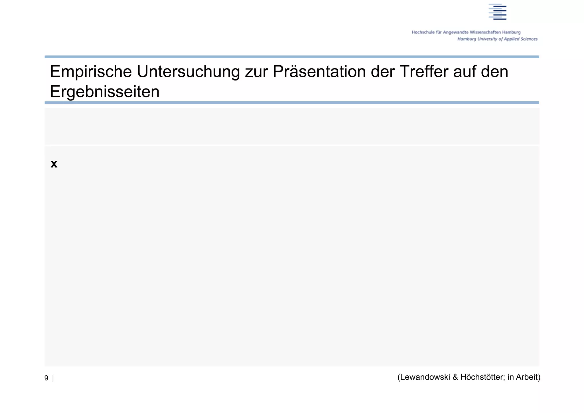 Empirische Untersuchung zur Präsentation der Treffer auf den
 Ergebnisseiten



 x




9 |                                           (Lewandowski & Höchstötter; in Arbeit)
 