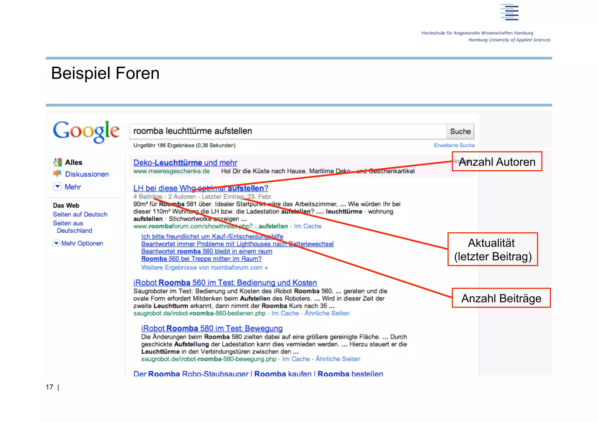 Beispiel Foren




                  Anzahl Autoren
 •  x




                     Aktualität
                  (letzter Beitrag)


                   Anzahl Beiträge




17 |
 