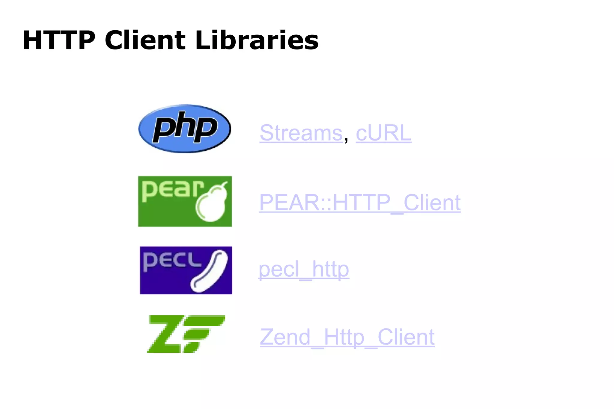 HTTP Client Libraries PEAR::HTTP_Client pecl_http Zend_Http_Client Streams ,  cURL 