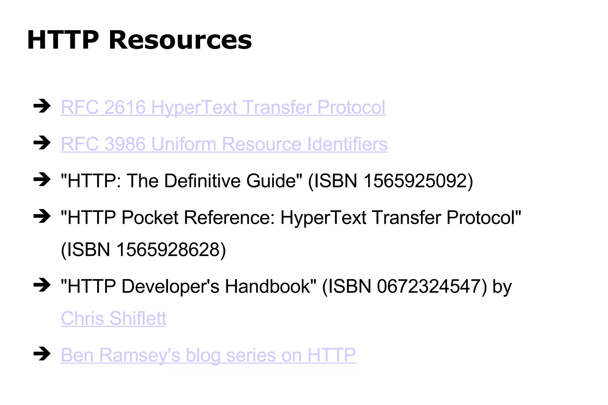 HTTP Resources RFC 2616 HyperText Transfer Protocol RFC 3986 Uniform Resource Identifiers &quot;HTTP: The Definitive Guide&quot; (ISBN 1565925092) &quot;HTTP Pocket Reference: HyperText Transfer Protocol&quot; (ISBN 1565928628) &quot;HTTP Developer's Handbook&quot; (ISBN 0672324547) by  Chris Shiflett Ben Ramsey's blog series on HTTP 