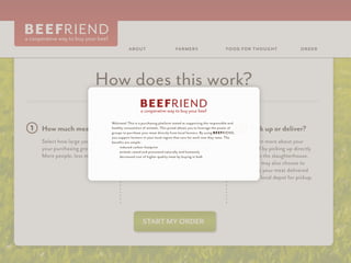 ABOUT                           FARM E RS                          FOO D FO R TH OUG HT           O RD E R




                      How does this work?
                            Welcome! This is a purchasing platform aimed at supporting the responsible and
How much meat?                                       What parts?
                            healthy consumtion of animals. This protal allows you to leverage the power of
                            groups to purchase your meat directly from local farmers. By using B E E F R I EN D,
                                                                                                                   Pick up or deliver?
                            you support farmers in your local region that care for each cow they raise. The
Select how large you want   beneﬁts are simple:      Everyone receives a variety                                   Learn more about your
                                 reduced carbon footprint
your purchasing group.                               of cuts, but there are a few
                                 animals raised and processed naturally and humanely
                                                                                                                   beef by picking up directly
More people, less meat.                              simple selections to make.
                                 decreased cost of higher quality meat by buying in bulk                           from the slaughterhouse.
                                                                                                                   You may also choose to
                                                                                                                   have your meat delivered
                                                                                                                   to a local depot for pickup.




                                                 START MY ORDER
 