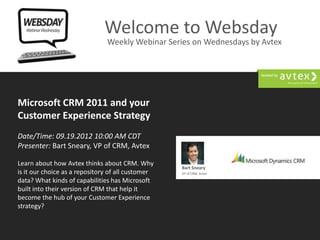 Welcome to Websday
                               Weekly Webinar Series on Wednesdays by Avtex




Microsoft CRM 2011 and your
Customer Experience Strategy
Date/Time: 09.19.2012 10:00 AM CDT
Presenter: Bart Sneary, VP of CRM, Avtex

Learn about how Avtex thinks about CRM. Why
                                                         Bart Sneary
is it our choice as a repository of all customer         VP of CRM, Avtex

data? What kinds of capabilities has Microsoft
built into their version of CRM that help it
become the hub of your Customer Experience
strategy?

         Websdays:     Weekly Webinar Series on Wednesdays by Avtex
                                                                            www.avtex.com/websday
 