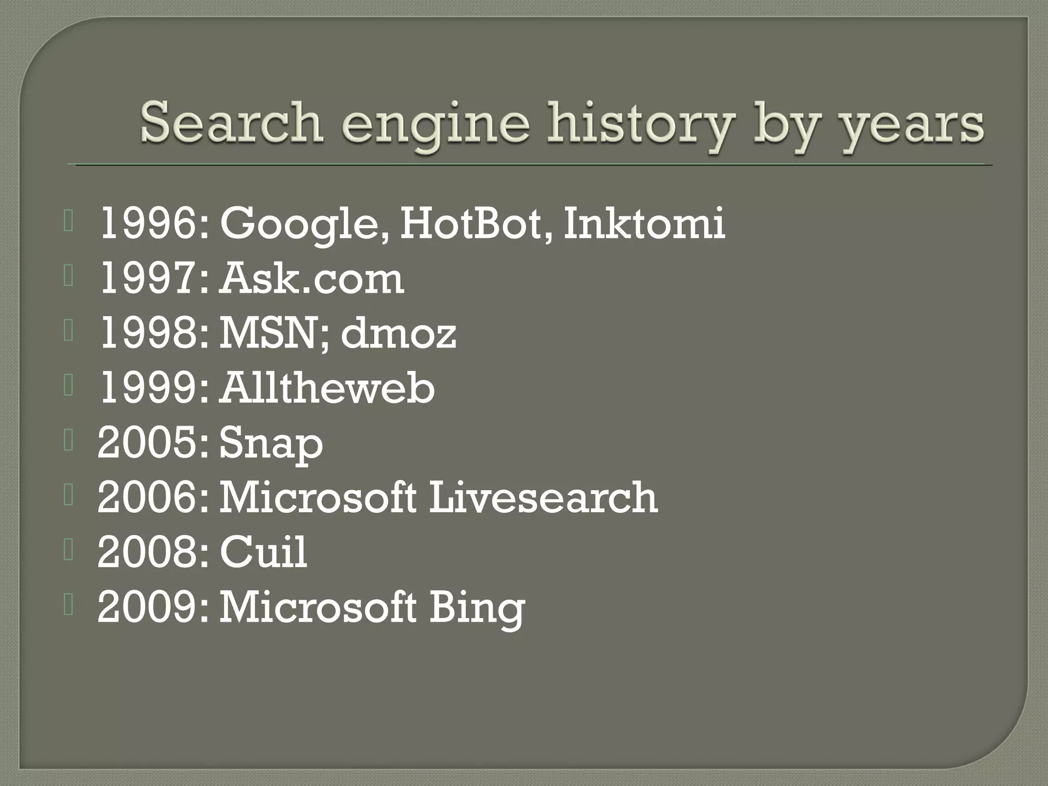 








1996: Google, HotBot, Inktomi
1997: Ask.com
1998: MSN; dmoz
1999: Alltheweb
2005: Snap
2006: Microsoft Livesearch
2008: Cuil
2009: Microsoft Bing

 