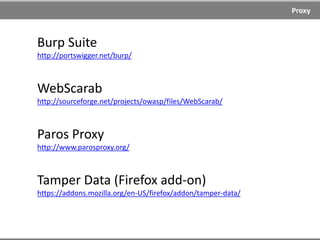 Browsers
Browsers can block
reflected XSS???
Chrome 16, 17, 18 Yes
IE 9, 10 Yes
Firefox 8, 9, 10 No
Opera 12 No
Safari 5.1 Yes
Source: http://browserscope.org/?category=security