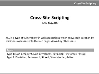 Session Hijacking
Session Hijacking
Session hijacking is the act of taking control of a user session
after successfully obtaining or generating an authentication
session ID.
Methods
1. Capture/Steal (sniffing, MitM, XSS)
2. Fixation
3. Prediction (calculate, fuzzing, brute force)