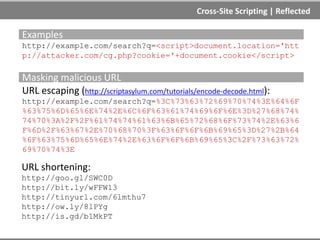 Cross-Site Scripting | Reflected
http://example.com
http://example.com/search?q=<script>alert(XSS)</script>
http://example.com/<script>alert(XSS)</script>
A XSS
OK
Cookie grabber
or
malicious web site
http://example.com/<script>code</script>
V