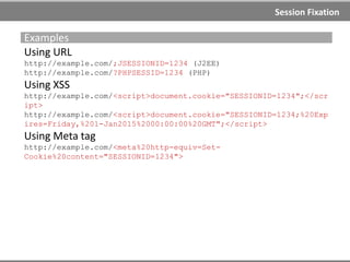 Session Fixation
http://example.com
A Set-Cookie: SESSIONID=1234
http://example.com
http://example.com/login.php?SESSIONID=1234
Login
V Password
OK
