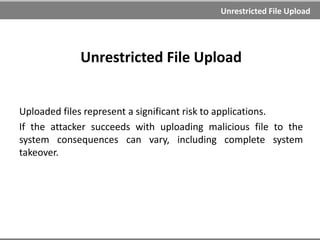 Parameter Tampering
Mitigation
1. All input must be validated server side for each request
(client side validation is easy to bypass)
2. Use parameter and cookie encryption
3. Do not show internals (such as IDs) to end user (use
sessions)
4. Use indirect reference map with hard to guess keys (hash)
http://example.com/accinfo?accID=zS8an31g
where zS8an31g=5
Tools
Burp Suite
WebScarab
Paros Proxy
Tamper Data (Firefox add-on)