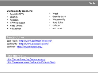 Looking for theoretical background?
OWASP
https://www.owasp.org/
WASC
http://projects.webappsec.org
Vulnerapedia
http://lab.gsi.dit.upm.es/semanticwiki/index.php/Main_Page
CWE
http://cwe.mitre.org/index.html
Securiteam
http://www.securiteam.com/
Tracker of vulnerable sites
http://www.vulntraq.com/
OWASP CAL9000 Project
