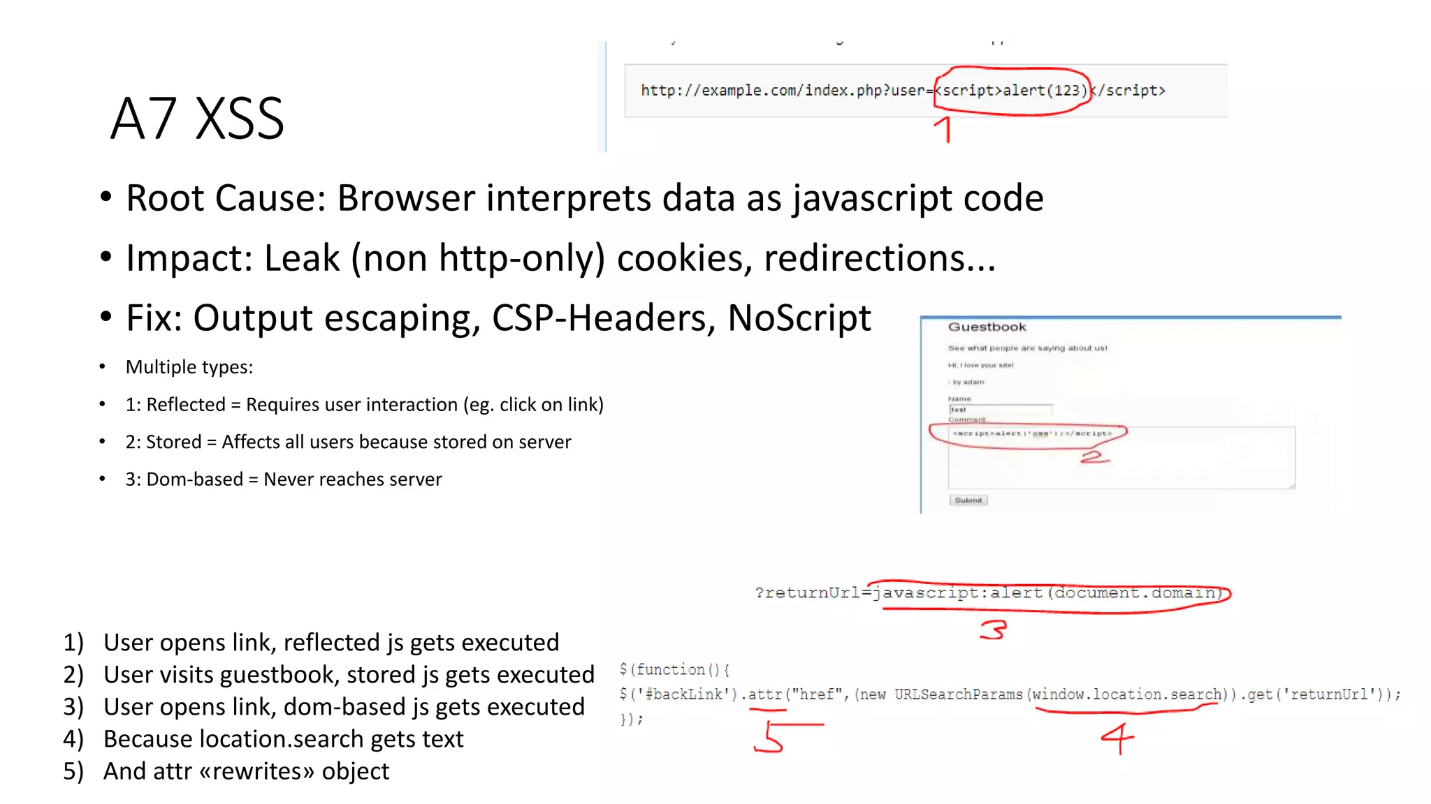 A7 XSS
• Root Cause: Browser interprets data as javascript code
• Impact: Leak (non http-only) cookies, redirections...
• Fix: Output escaping, CSP-Headers, NoScript
• Multiple types:
• 1: Reflected = Requires user interaction (eg. click on link)
• 2: Stored = Affects all users because stored on server
• 3: Dom-based = Never reaches server
1) User opens link, reflected js gets executed
2) User visits guestbook, stored js gets executed
3) User opens link, dom-based js gets executed
4) Because location.search gets text
5) And attr «rewrites» object
 