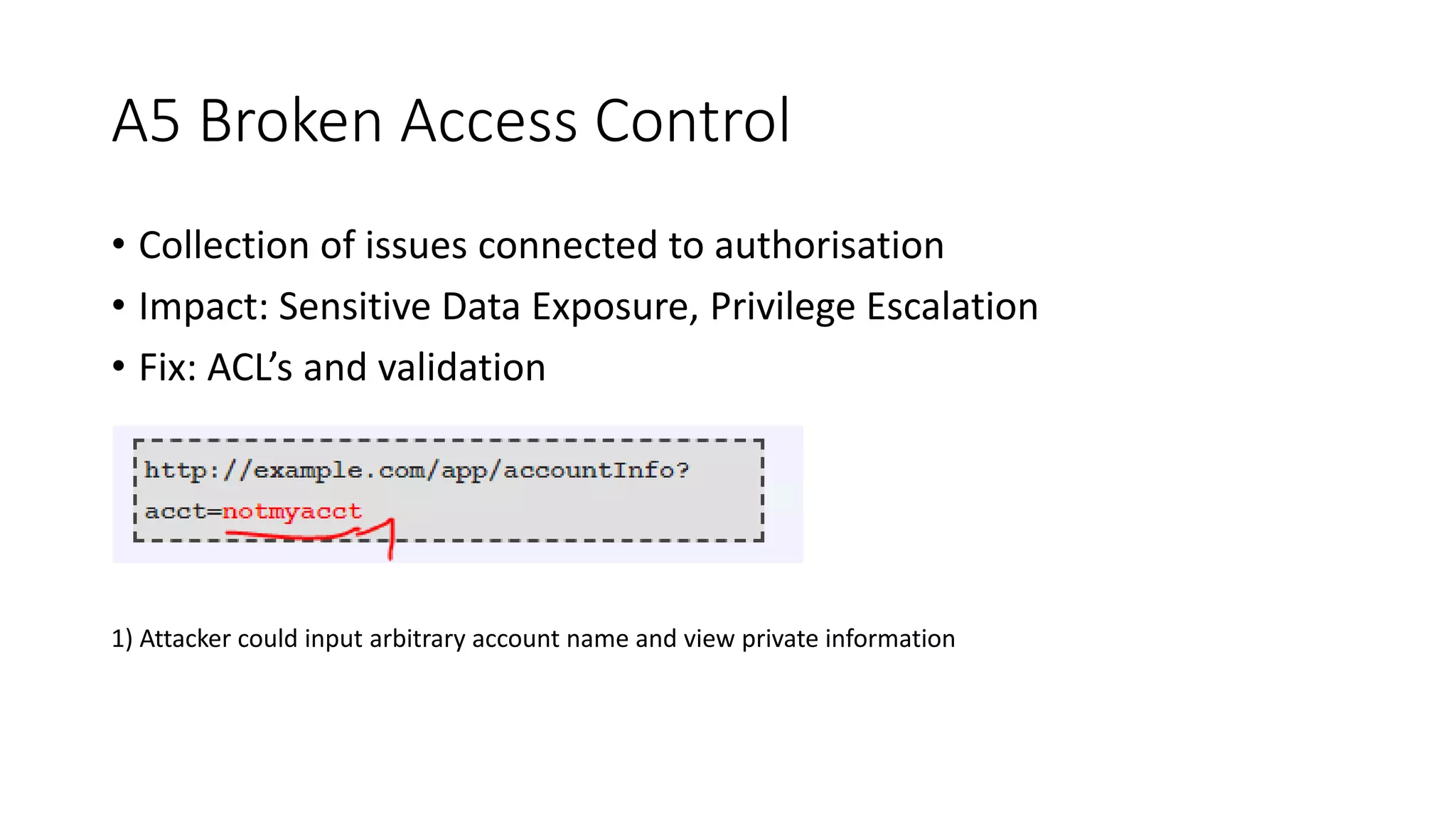 A5 Broken Access Control
• Collection of issues connected to authorisation
• Impact: Sensitive Data Exposure, Privilege Escalation
• Fix: ACL’s and validation
1) Attacker could input arbitrary account name and view private information
 