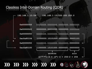 Classless Inter-Domain Routing (CIDR)

        192.168.1.13 /24       192.168.1.13 /255.255.255.0



         0xffffffff        11111111.11111111.11111111.11111111

         0x000000ff        00000000.00000000.00000000.11111111

         0xffffff00        11111111.11111111.11111111.00000000

         0xc0a8010d        11000000.10101000.00000001.00001101
    &
         0xffffff00        11111111.11111111.11111111.00000000

         0xc0a80100        11000000.10101000.00000001.00000000

                                    NETWORK               HOST

                            (2(32-24))-2 = (28)-2 = 256-2 = 254
 