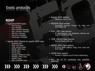 Exotic protocols

                                                  • Regular RSVP options:
                                                      – Flags and Time to Live.
RSVP
• Supported RSVP types:                           • SESSION Class options:
    –   Path Message.                                 – Destination address, Protocol ID, Flags and
    –   Resv Message.                                   Destination Port.
    –   Path Teardown Message.
    –   Resv Teardown Message.                    • RSVP_HOP Class options:
    –   Path Error Message.                           – IP Next/Previous Hop (Neighbor) Address and
    –   Resv Error Messages                             Logical Interface Handle.
    –   Confirmation Message.
                                                  • TIME_VALUES Class options:
• Specific RSVP Objects for specific RSVP type:       – Refresh Period (Interval).
    –   SESSION Class.
    –   RSVP_HOP Class.                           • ERROR_SPEC Class options:
    –   TIME_VALUES Class.                            – IP Error Node Address, Flags, Error Code and
    –   ERROR_SPEC Class.                               Error Value.
    –   SCOPE Class.
    –   STYLE Class.                              • SCOPE Class options:
    –   SENDER_TEMPLATE Class.                        – Number of Address and IP Source Address(es).
    –   SENDER_TSPEC Class.
    –   ADSPEC Class.
    –   RESV_CONFIRM Class.
                                                  • Etc… Up to 37 command line interface
                                                    switches.
 