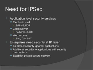 Need for IPSec
 Application level security services
 Electronic mail
○ S/MIME, PGP
 Client Server
○ Kerberos, X.509
 Web access
○ SSL, TLS, SET
 Enterprises need security at IP layer
 To protect security ignorant applications
 Additional security to applications with security
mechanisms
 Establish private secure network
 