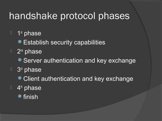 handshake protocol phases
 1st
phase
Establish security capabilities
 2nd
phase
Server authentication and key exchange
 3rd
phase
Client authentication and key exchange
 4th
phase
finish
 