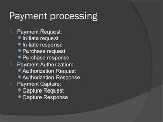 Payment processing
 Payment Request:
Initiate request
Initiate response
Purchase request
Purchase response
 Payment Authorization:
Authorization Request
Authorization Response
 Payment Capture:
Capture Request
Capture Response
 