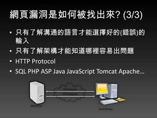 W©αҳ? (3/3)
? ֻ˽ͨZԲxõ(e`)
  ݔ
? ֻ˽ܘ֪e׳}
? HTTP Protocol
? SQL PHP ASP Java JavaScript Tomcat Apache
 