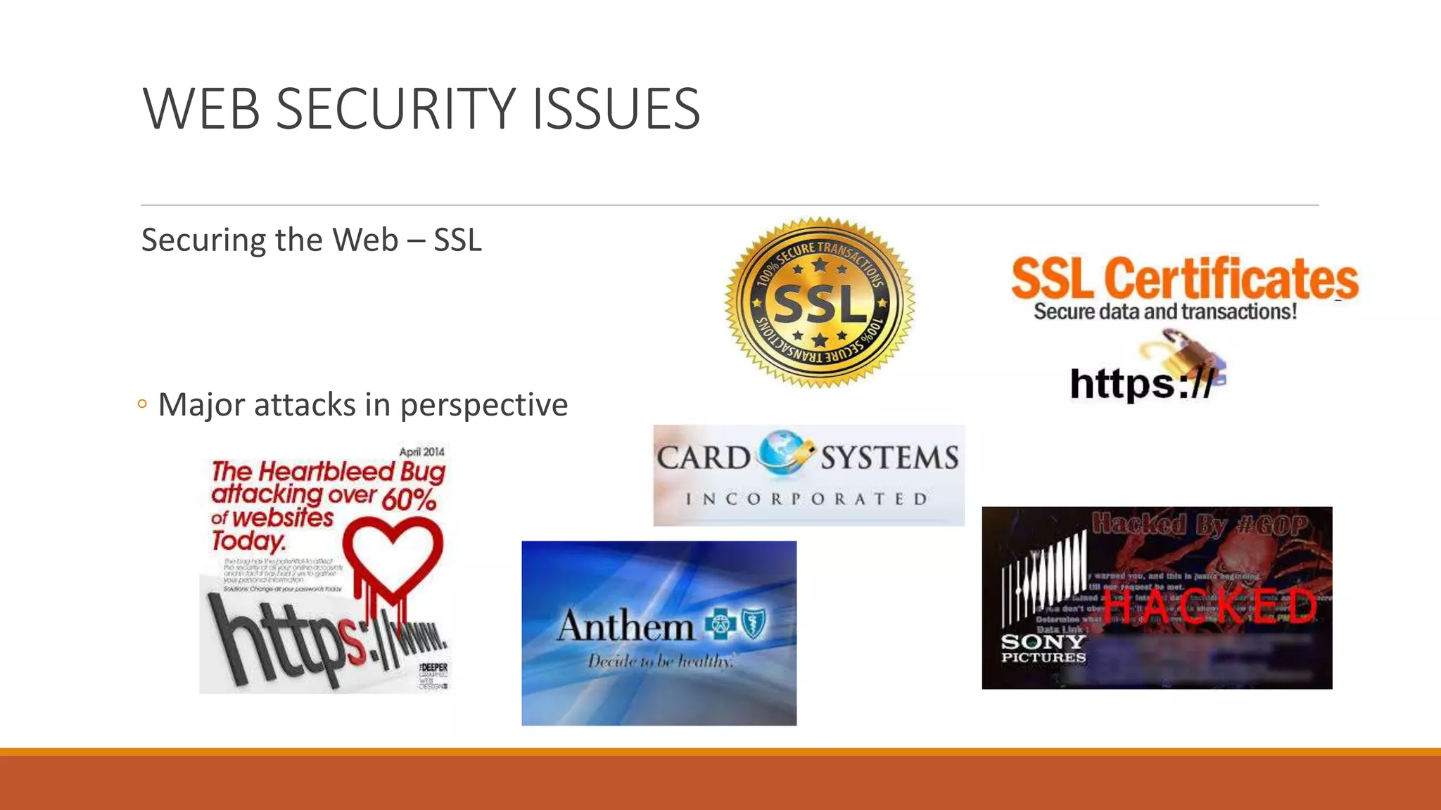 WEB SECURITY ISSUES
Securing the Web – SSL
◦ Major attacks in perspective
 