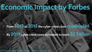 Economic Impact by Forbes
- From 2013 to 2015 the cyber crime costs quadrupled
- By 2019 cyber crime costs estimated to reach $2 Trillion
https://www.forbes.com/sites/stevemorgan/2016/01/17/cyber-crime-costs-projected-to-reach-2-trillion-by-2019
 