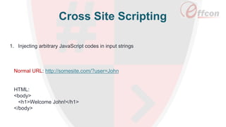 Cross Site Scripting
1. Injecting arbitrary JavaScript codes in input strings
Normal URL: http://somesite.com/?user=John
HTML:
<body>
<h1>Welcome John!</h1>
</body>
 