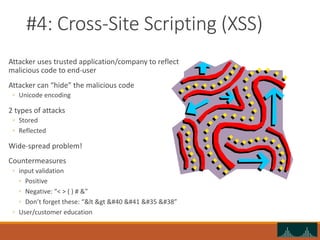 #4: Cross-Site Scripting (XSS)
Attacker uses trusted application/company to reflect
malicious code to end-user
Attacker can “hide” the malicious code
◦ Unicode encoding
2 types of attacks
◦ Stored
◦ Reflected
Wide-spread problem!
Countermeasures
◦ input validation
◦ Positive
◦ Negative: “< > ( ) # &”
◦ Don’t forget these: “&lt &gt ( ) # &”
◦ User/customer education
 