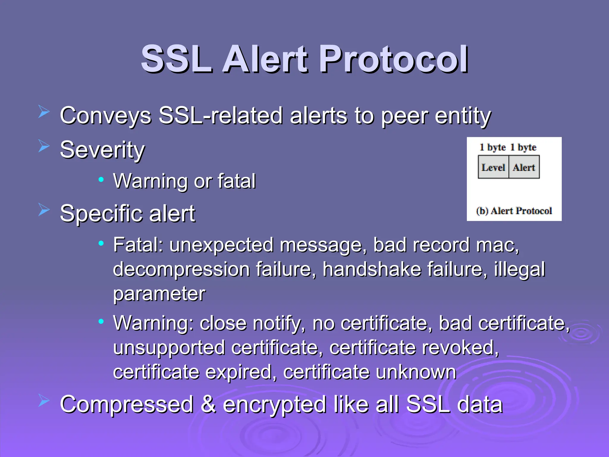 SSL Alert Protocol
SSL Alert Protocol
 Conveys SSL-related alerts to peer entity
Conveys SSL-related alerts to peer entity
 Severity
Severity
• Warning or fatal
Warning or fatal
 Specific alert
Specific alert
• Fatal: unexpected message, bad record mac,
Fatal: unexpected message, bad record mac,
decompression failure, handshake failure, illegal
decompression failure, handshake failure, illegal
parameter
parameter
• Warning: close notify, no certificate, bad certificate,
Warning: close notify, no certificate, bad certificate,
unsupported certificate, certificate revoked,
unsupported certificate, certificate revoked,
certificate expired, certificate unknown
certificate expired, certificate unknown
 Compressed & encrypted like all SSL data
Compressed & encrypted like all SSL data
 