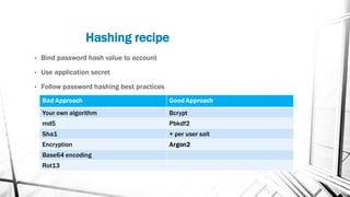 Hashing recipe
• Bind password hash value to account
• Use application secret
• Follow password hashing best practices
 