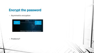 Encrypt the password
• Asymmetric encryption
• Problems?
 