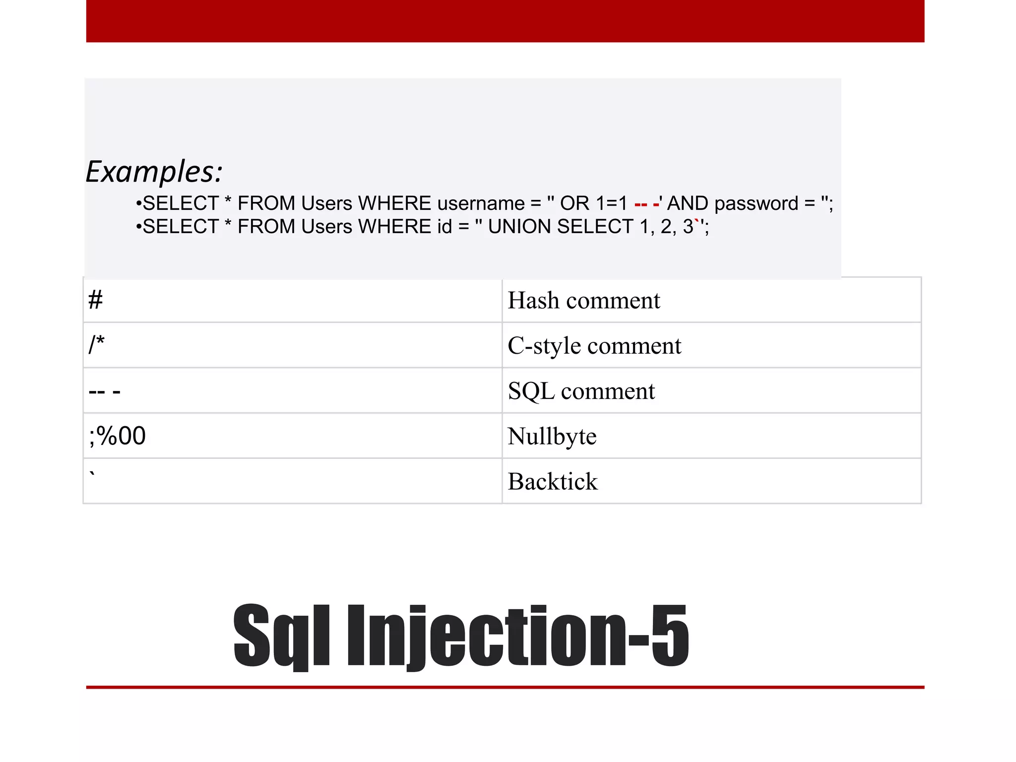 Examples:
       •SELECT * FROM Users WHERE username = '' OR 1=1 -- -' AND password = '';
       •SELECT * FROM Users WHERE id = '' UNION SELECT 1, 2, 3`';


•
#                                            Hash comment
/*                                           C-style comment
-- -                                         SQL comment
;%00                                         Nullbyte
`                                            Backtick




                Sql Injection-5
 
