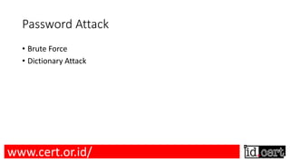Password Attack
• Brute Force
• Dictionary Attack
www.cert.or.id/
 