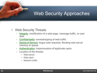 Web Security Approaches


     • Web Security Threats
        – Integrity: modification of a web page, message traffic, or user
          data
        – Confidentiality: eavesdropping of web traffic
        – Denial of Service: bogus web requests, flooding web server
          memory or queue
        – Authentication: impersonation of legitimate users
        – Location of the threats
            • Web server
            • Web client
            • Network traffic



20                               Web Security                          www.elabnody.net
 