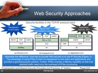 Web Security Approaches
                            Security facilities in the TCP/IP protocol stack
         Transparent                                                                  Application
         to end users                    Above TCP                                   Specific -SET
                                      Embedded in package




      illustrates this difference. One way to provide Web security is to use IP Security (Figure 1).
         The advantage of using IPSec is that it is transparent to end users and applications and
                 Figure 1. Relative Location of Security Facilities in the TCP/IP
     provides a general-purpose solution. Further, IPSec includes a filtering capability so that only
                                              Protocol Stack
                       selected traffic need incur the overhead of IPSec processing.
Cryptography and Network Security Principles and Practices, 4th Edition,              Page 531
23                                             Web Security                                www.elabnody.net
 