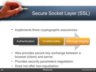 Secure Socket Layer (SSL)


     •   Implements three cryptographic assurances:


          Authentication   Confidentiality   Message integrity



     • Also provides secure key exchange between a
       browser (client) and server.
     • Provides security parameters negotiation.
     • Does not offer non-repudiation.
25                         Web Security                  www.elabnody.net
 