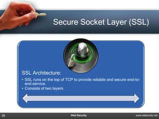 Secure Socket Layer (SSL)




     SSL Architecture:
     • SSL runs on the top of TCP to provide reliable and secure end-to-
       end service.
     • Consists of two layers




28                              Web Security                         www.elabnody.net
 