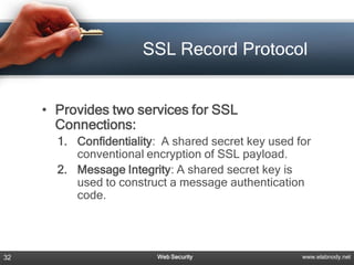 SSL Record Protocol


     • Provides two services for SSL
       Connections:
       1. Confidentiality: A shared secret key used for
          conventional encryption of SSL payload.
       2. Message Integrity: A shared secret key is
          used to construct a message authentication
          code.




32                       Web Security                www.elabnody.net
 
