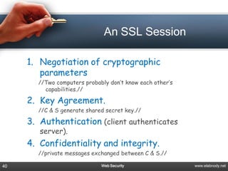 An SSL Session

     1. Negotiation of cryptographic
        parameters
       //Two computers probably don’t know each other’s
         capabilities.//

     2. Key Agreement.
       //C & S generate shared secret key.//

     3. Authentication (client authenticates
        server).
     4. Confidentiality and integrity.
       //private messages exchanged between C & S.//

40                           Web Security                 www.elabnody.net
 