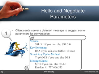 Hello and Negotiate
                                     Parameters

         •   Client sends server a plaintext message to suggest some
     1       parameters for conversation:

                        Version:
                            SSL 3.1 if you can, else SSL 3.0
                        Key Exchange:
                            RSA if you can, else Diffie-Hellman
                        Secret Key Cipher Method:
                            TripleDES if you can, else DES
                        Message Digest:
                            MD5 if you can, else SHA-1
                            Random #: 777,666,555
42                                  Web Security                   www.elabnody.net
 