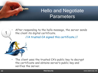 Hello and Negotiate
                                   Parameters

         • After responding to the hello message, the server sends
     1     the client its digital certificate.
                   //A trusted CA signed this certificate.//




         • The client uses the trusted CA’s public key to decrypt
           the certificate and obtains server’s public key and
           verifies the server.
44                               Web Security                   www.elabnody.net
 