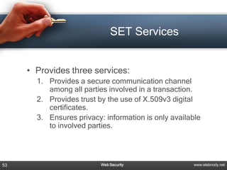 SET Services


     • Provides three services:
       1. Provides a secure communication channel
          among all parties involved in a transaction.
       2. Provides trust by the use of X.509v3 digital
          certificates.
       3. Ensures privacy: information is only available
          to involved parties.




53                        Web Security                www.elabnody.net
 