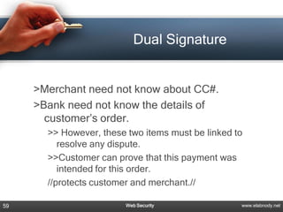 Dual Signature


     >Merchant need not know about CC#.
     >Bank need not know the details of
       customer’s order.
       >> However, these two items must be linked to
          resolve any dispute.
       >>Customer can prove that this payment was
          intended for this order.
       //protects customer and merchant.//

59                       Web Security              www.elabnody.net
 